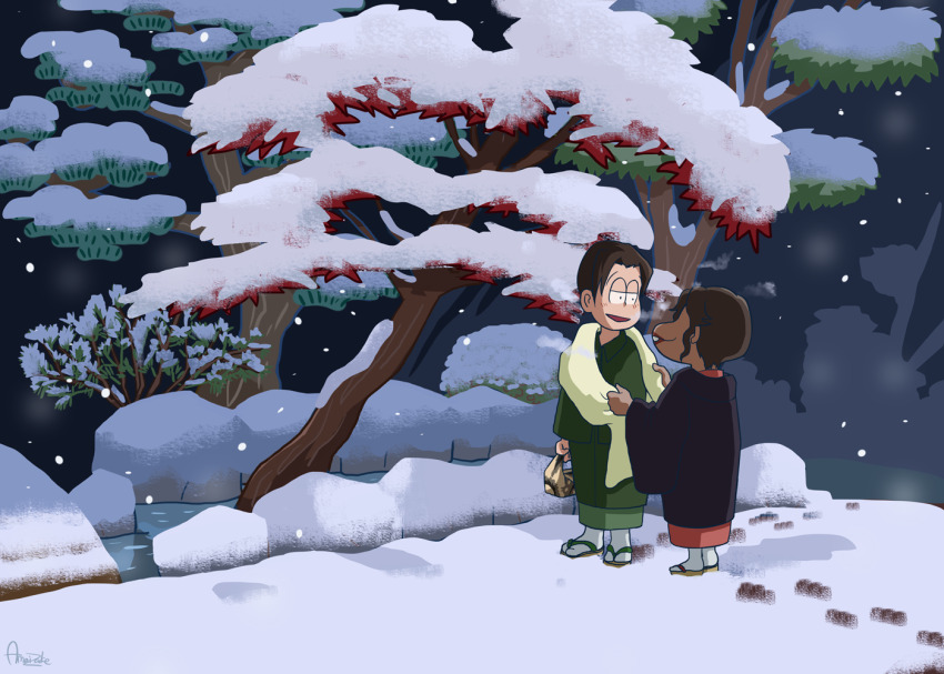 1boy, 1girl, amaizake, brown_hair, dayoon_girl, green_kimono, hetero, japanese_clothes