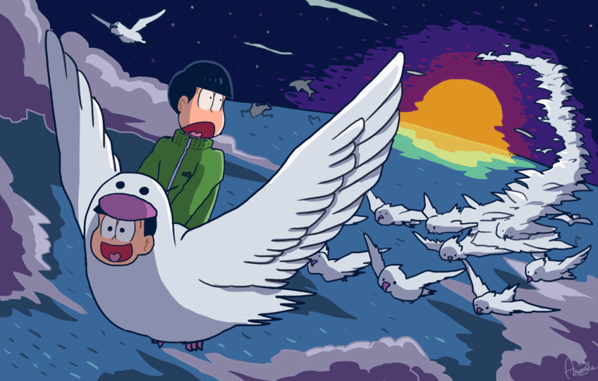 amaizake, bird, bird_costume, black_hair, bowl_cut, brothers, cloud, finch