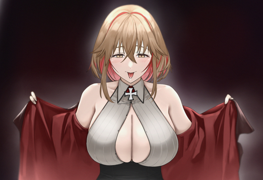 1girl, :p, alternate_costume, azur_lane, bare_shoulders, blonde_hair, blush, breasts