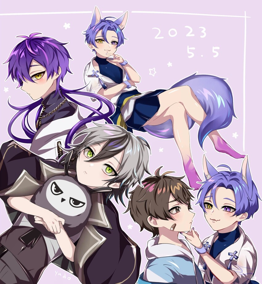 2023, 4boys, aged_down, animal_ear_fluff, animal_ears, bandaid, bandaid_on_face, bird