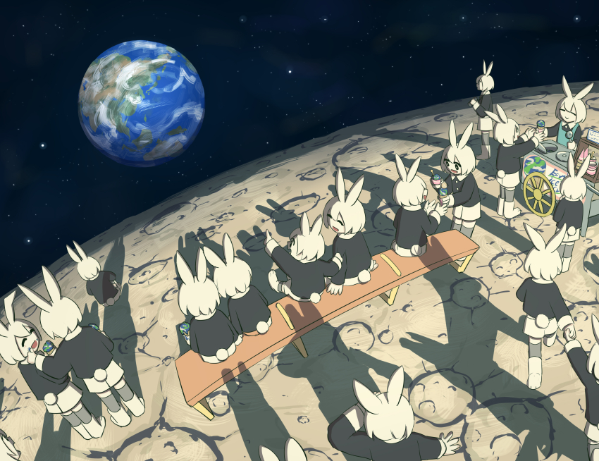 6+others, :>, absurdres, ambiguous_gender, animal_ears, avogado6, bench, black_eyes