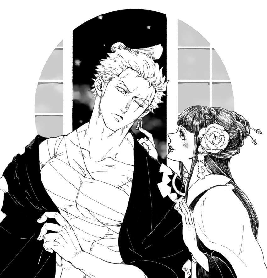 1boy, 1girl, blush, chabo_(niwatori_bosori), closed_mouth, flower, greyscale, hair_flower