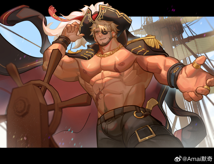 1boy, abs, absurdres, amaimochi, bara, bara_pirate, bare_pectorals, beard_stubble