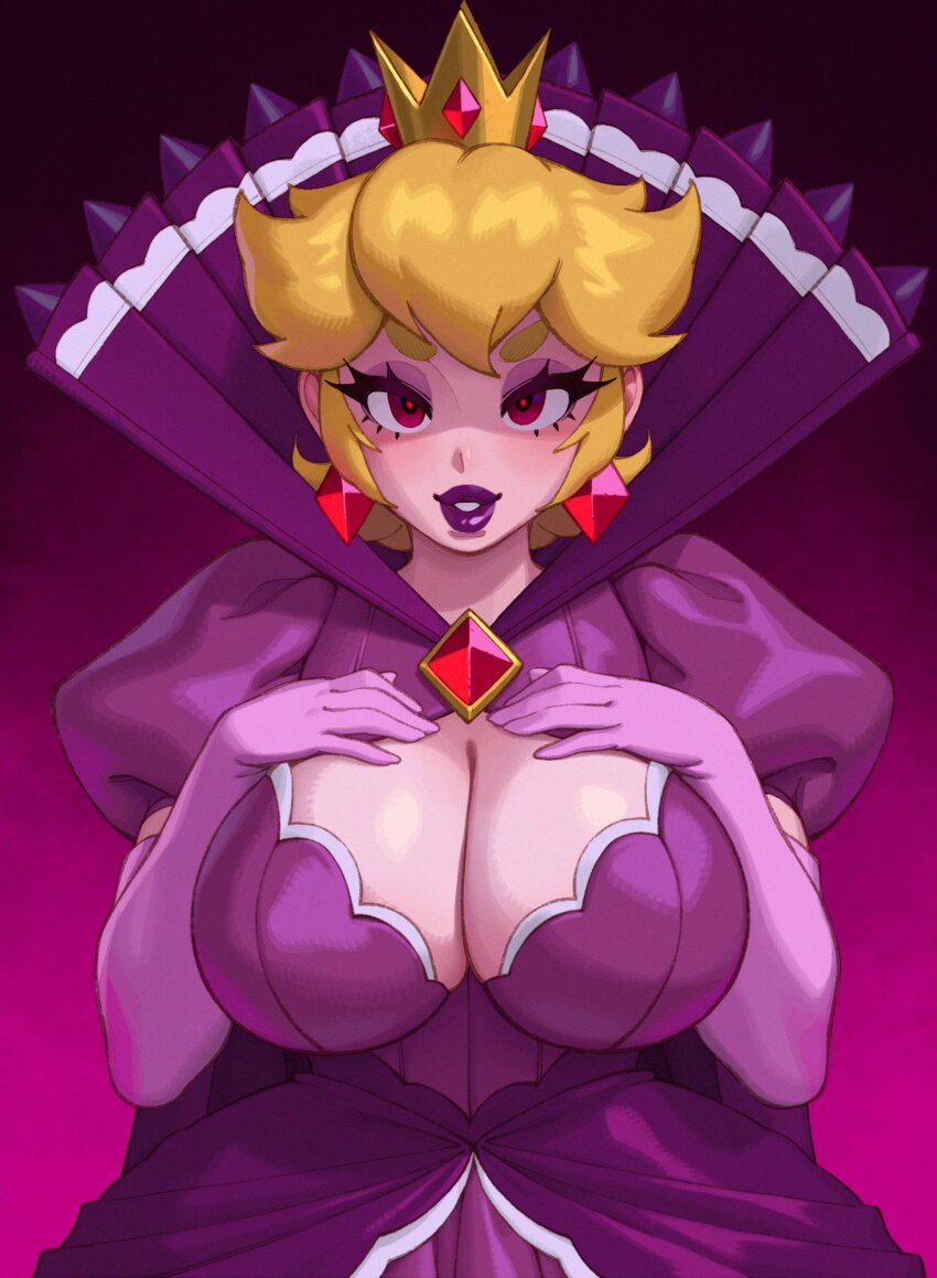 1girl, absurdres, blonde_hair, breast_suppress, breasts, brooch, cleavage, corruption, crown, crystal_earrings, dress, earrings, elbow_gloves, eyeshadow, facing_viewer, female_focus, flipped_hair, gloves, gradient_background, hand_on_own_chest, highres, jewelry, large_breasts, lipstick, looking_at_viewer, makeup, mario_(series), nintendo, open_mouth, paper_mario, paper_mario:_the_thousand-year_door, parted_lips, possessed, possession, princess_peach, purple_background, purple_dress, purple_gloves, purple_lips, purple_theme, red_eyes, riz, shadow_queen, smile, solo, thick_eyebrows, thick_lips