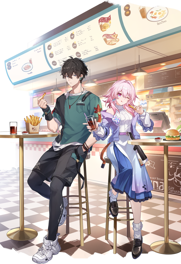 1boy, 1girl, :q, bare_shoulders, belt, black_hair, black_leggings, black_shirt