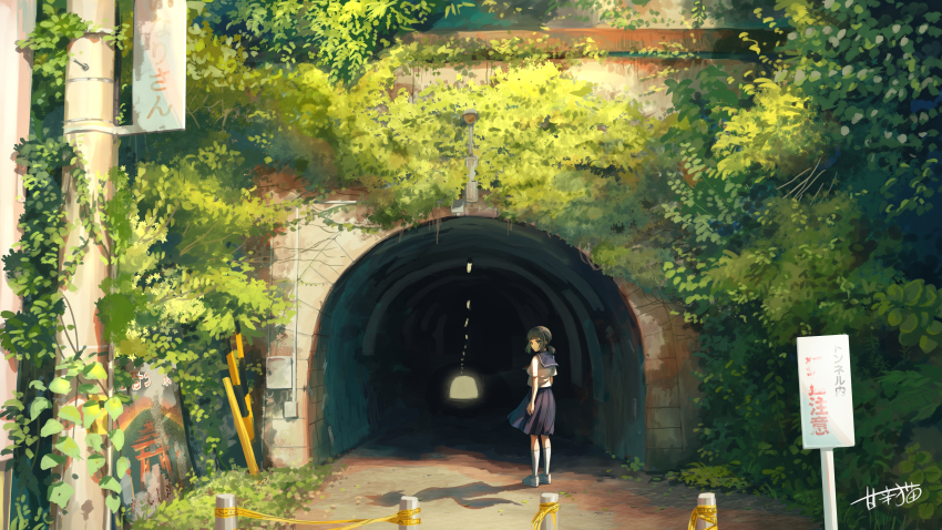 1girl, absurdres, black_hair, blue_skirt, grass, highres, lamppost, looking_at_viewer
