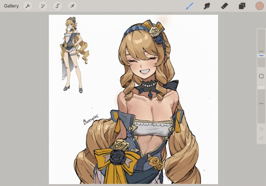 1girl, ^_^, arms_behind_back, art_program_in_frame, bandeau, bare_shoulders, blonde_hair, blue_hairband