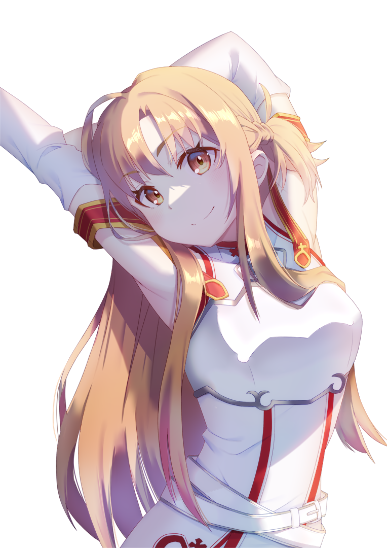 1girl, armor, armpits, arms_up, asuna_(sao), asymmetrical_bangs, belt, braid
