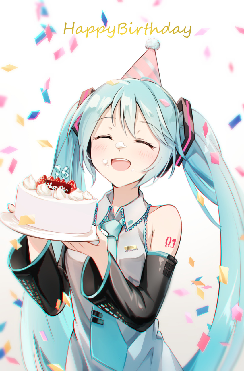 1girl, :d, ^_^, black_sleeves, blue_hair, blue_necktie, cake, closed_eyes
