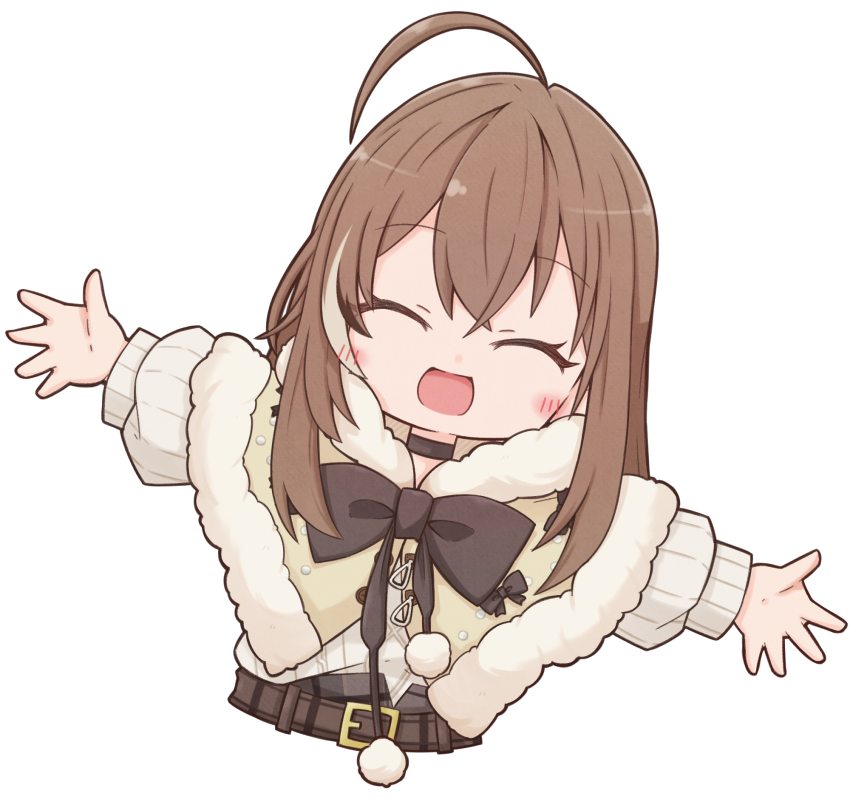 1girl, ahoge, belt, black_choker, blush, brown_capelet, brown_hair, capelet