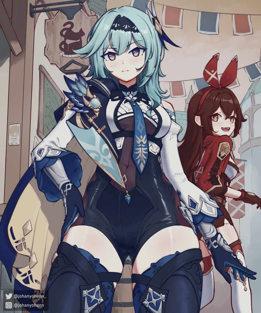 2girls, absurdres, amber_(genshin_impact), black_boots, black_gloves, black_hairband, black_leotard, black_thighhighs, blue_hair, blue_necktie, bodystocking, boots, breasts, brown_cardigan, cameltoe, cape, cardigan, chest_harness, closed_mouth, eula_(genshin_impact), genshin_impact, gloves, hairband, harness, highres, johanyohann, leotard, looking_at_viewer, medium_hair, multiple_girls, necktie, serious, shrug_(clothing), skin_tight, small_breasts, solo_focus, thigh_boots, thighhighs, white_shrug