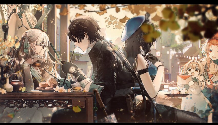 1boy, 5girls, arm_strap, armband, bare_shoulders, black_armband, black_gloves, black_hair
