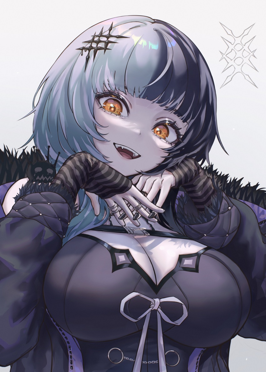 1girl, absurdres, black_dress, black_gloves, black_hair, black_nails, breasts, chest_belt