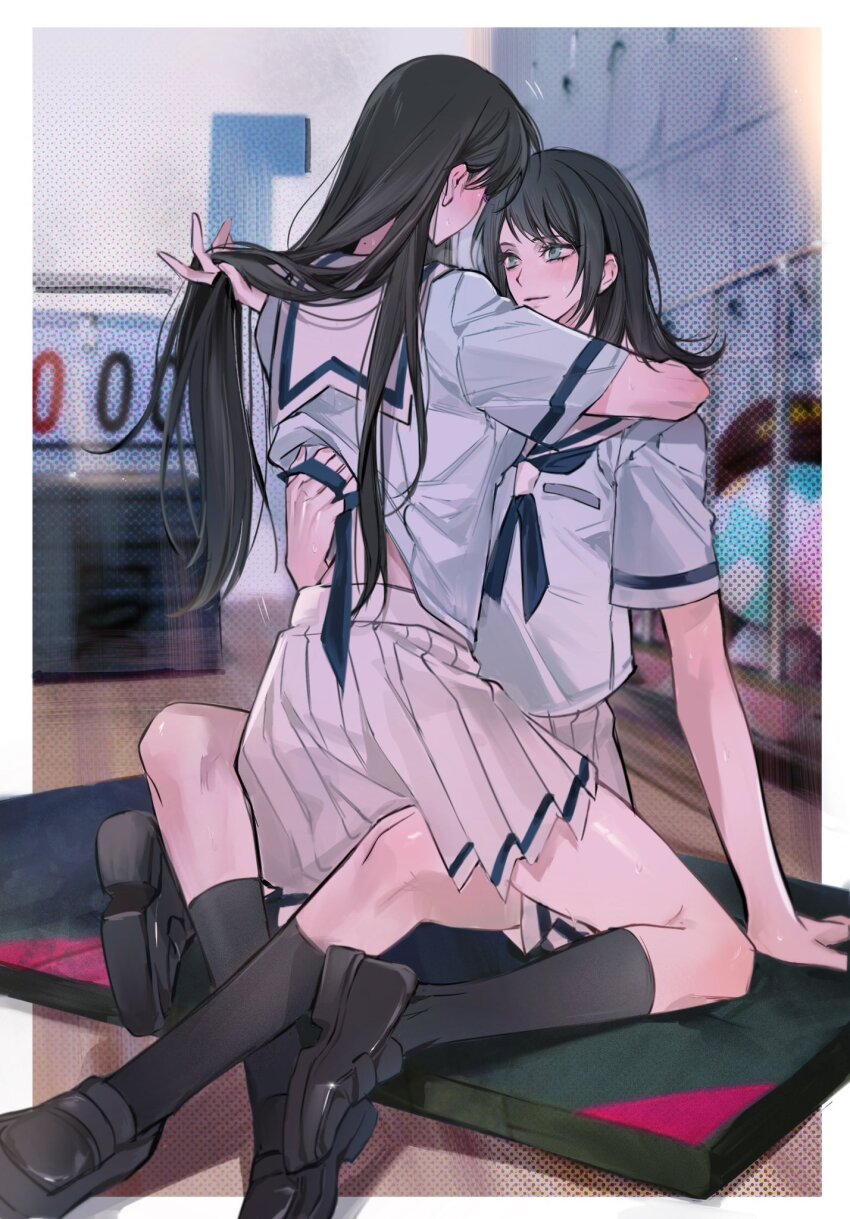 2girls, bang_dream!, bang_dream!_it's_mygo!!!!!, black_footwear, black_hair, black_socks, blue_neckerchief, blue_shirt