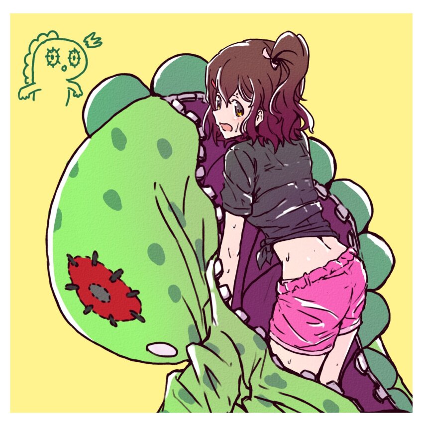 1girl, 1other, black_shirt, bra_visible_through_clothes, brown_hair, chupacabra_(idolmaster), commentary, hair_between_eyes, hair_ornament, hairclip, highres, idolmaster, idolmaster_million_live!, idolmaster_million_live!_theater_days, kasuga_mirai, kelvin1996c, long_hair, looking_back, mascot_costume, notice_lines, open_mouth, panties_visible_through_clothes, pink_shorts, shirt, short_sleeves, shorts, side_ponytail, sidelocks, sweat, t-shirt, thighs, tied_shirt, wet, wet_clothes, yellow_background, yellow_eyes, zipper