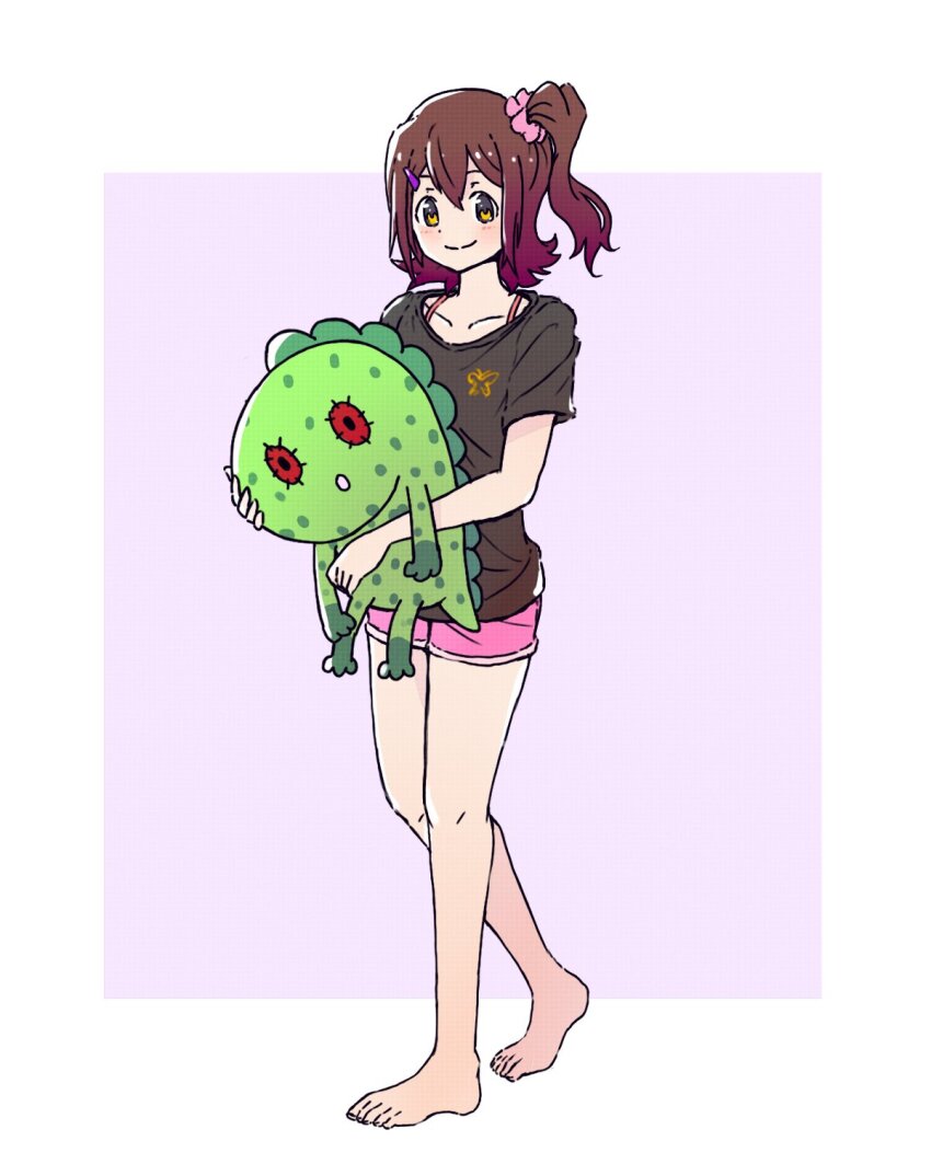 1girl, barefoot, black_shirt, brown_hair, chupacabra_(idolmaster), collarbone, dolphin_shorts, dot_nose