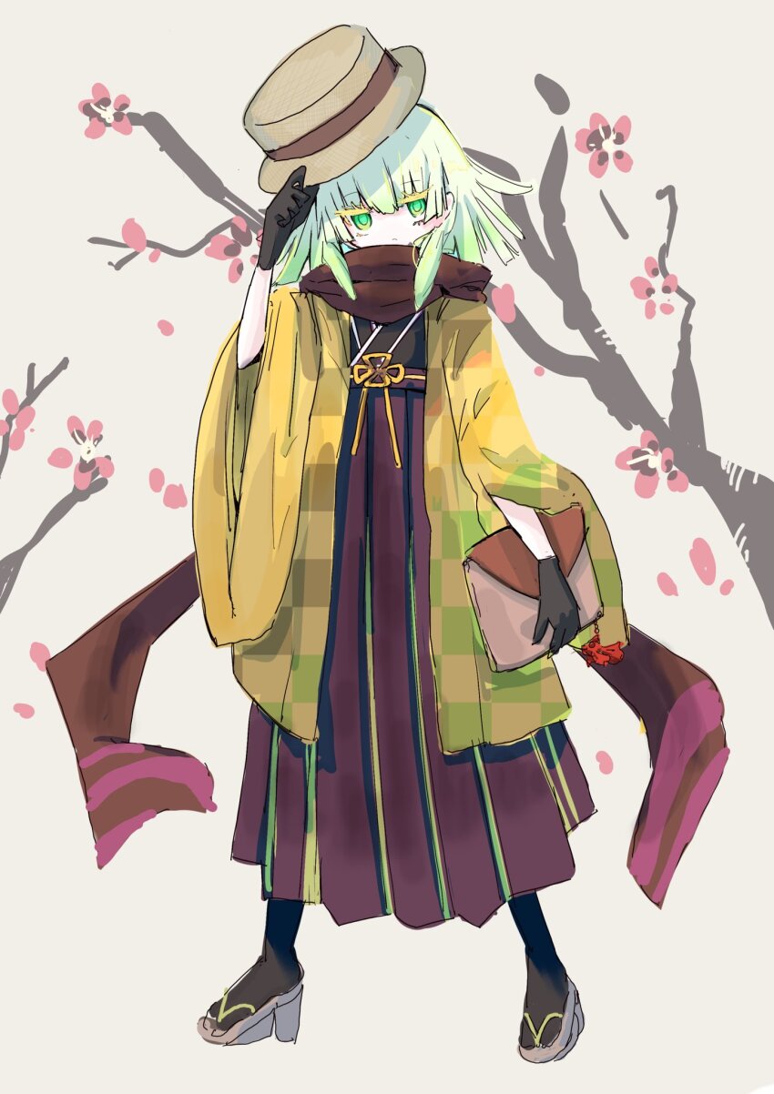 black_footwear, black_gloves, cherry_blossoms, duel_monster, gloves, green_eyes, green_hair, haori