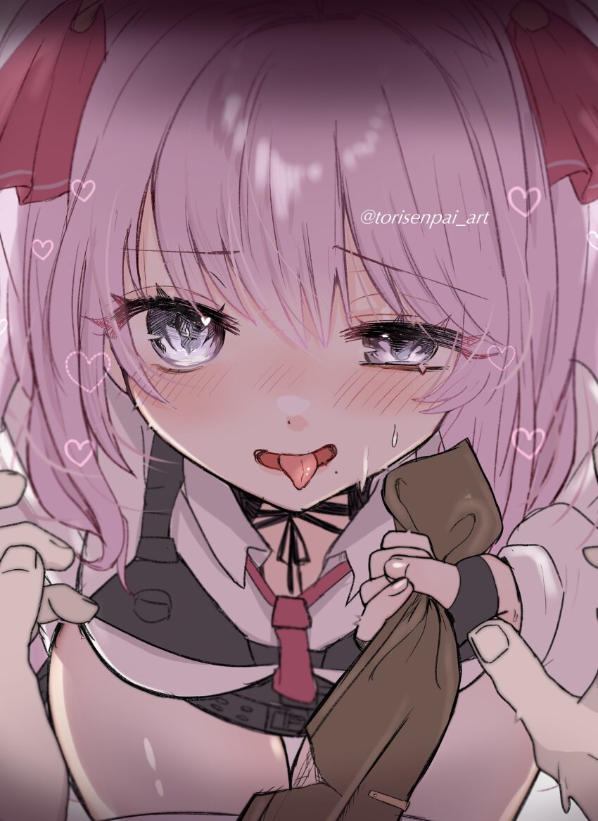 1boy, 1girl, absurdres, black_gloves, black_shorts, blush, breasts, clothes_grab