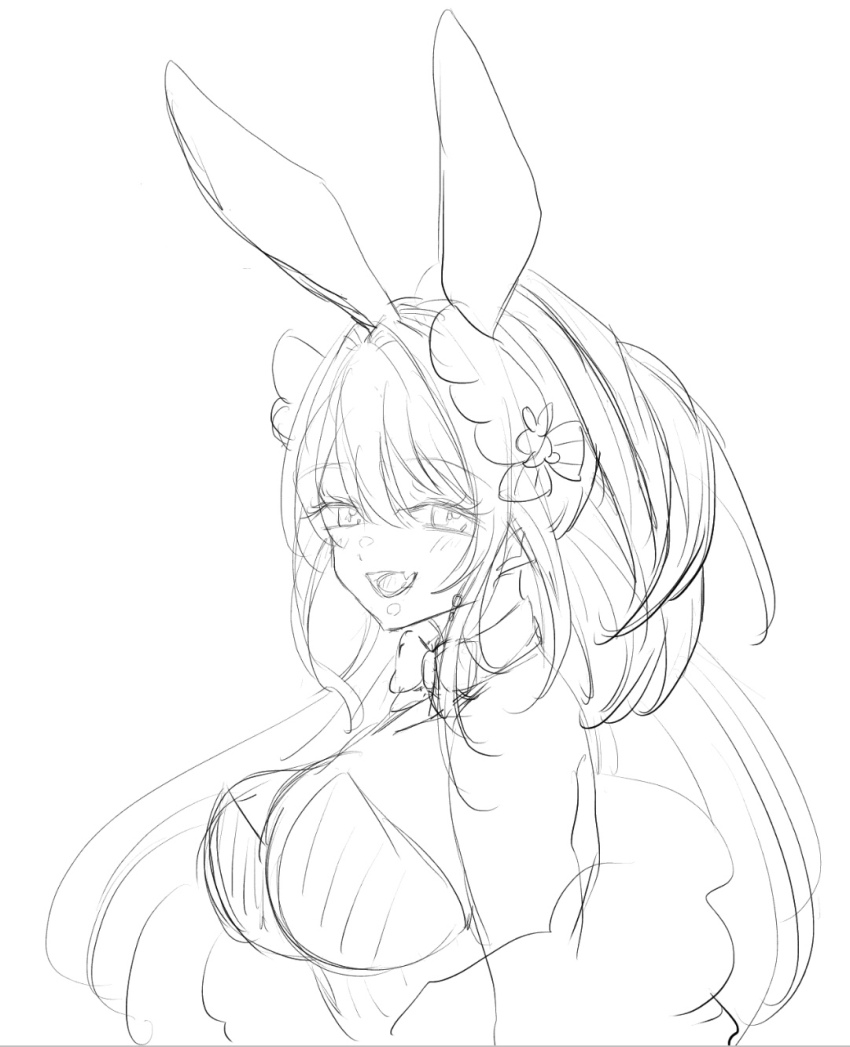 1girl, :d, animal_ears, blush, bow, bowtie, breasts, cleavage