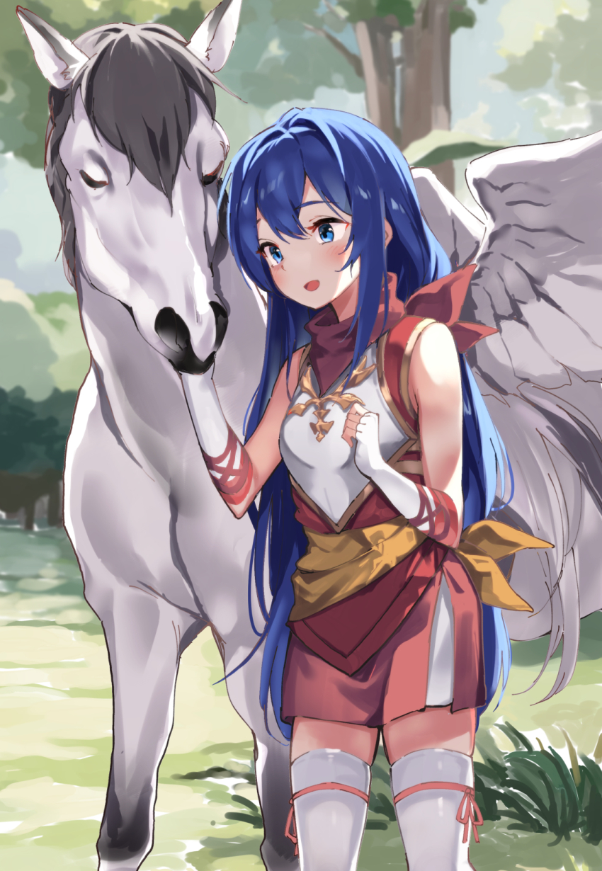 1girl, :d, animal, bandana, bare_shoulders, blue_hair, blush, breasts, caeda_(fire_emblem), caeda_(princess_of_talys)_(fire_emblem), commentary_request, elbow_gloves, fingerless_gloves, fire_emblem, fire_emblem:_shadow_dragon, gloves, hair_between_eyes, highres, lamb_(hitsujiniku), long_hair, nintendo, open_mouth, outdoors, red_skirt, skirt, small_breasts, smile, solo, standing, thighhighs, tree, very_long_hair, white_gloves, white_thighhighs, winged_unicorn
