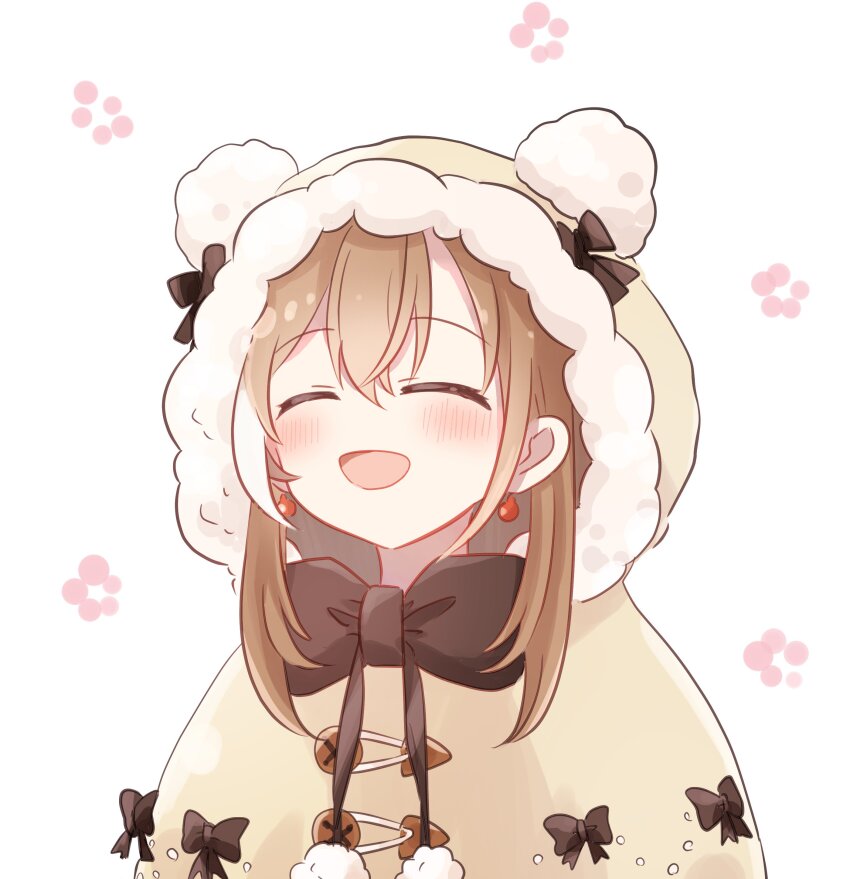 1girl, :d, absurdres, animal_hood, bear_hood, berry, blush, brown_capelet, brown_hair, capelet, closed_eyes, crossed_bangs, earrings, flower_symbol, food-themed_earrings, highres, hololive, hololive_english, hood, ichita_(ppppponpoko1), jewelry, long_hair, multicolored_hair, nanashi_mumei, official_alternate_costume, open_mouth, pom_pom_(clothes), ribbon, smile, streaked_hair, virtual_youtuber