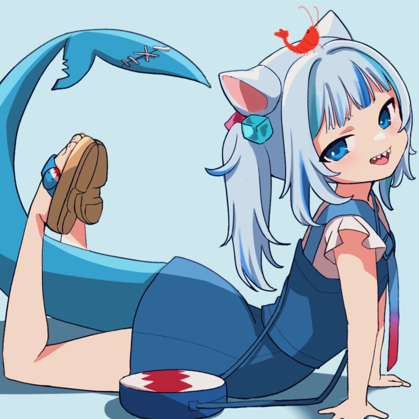 1girl, animal_ears, arched_back, arm_support, bag, bare_legs, blue_background, blue_dress, blue_eyes, blue_hair, blue_tail, blunt_bangs, cat_ears, cat_girl, commentary, dress, feet_up, fins, fish_tail, frilled_sleeves, frills, from_side, gawr_gura, gawr_gura_(casual), grey_hair, hair_ornament, head_tilt, highres, hololive, hololive_english, legs, looking_at_viewer, makugiga, multicolored_hair, official_alternate_costume, on_ground, one_side_up, open_mouth, sandals, shadow, shark_girl, shark_print, shark_tail, sharp_teeth, shirt, short_dress, short_sleeves, shoulder_bag, shrimp, side_ponytail, sidelocks, sleeveless, sleeveless_dress, solo, streaked_hair, untranslatable_commentary, tail, teeth, toenails, toes, upper_teeth_only, virtual_youtuber, white_shirt