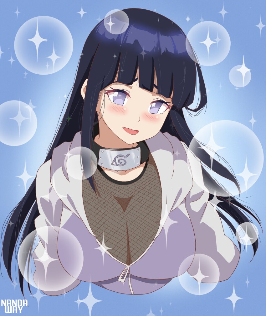1girl, absurdres, black_hair, blunt_bangs, blush, breasts, cleavage, fishnet_top, fishnets, forehead_protector, headband_around_neck, highres, hyuuga_hinata, jacket, konohagakure_symbol, large_breasts, long_hair, long_sleeves, looking_at_viewer, naruto_(series), naruto_shippuuden, open_mouth, purple_eyes, purple_jacket, rs40uchiha, solo, upper_body, zipper_pull_tab