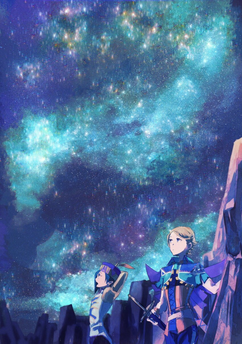 2boys, albert_(romancing_saga), blonde_hair, blue_hair, closed_mouth, hat, highres, holding