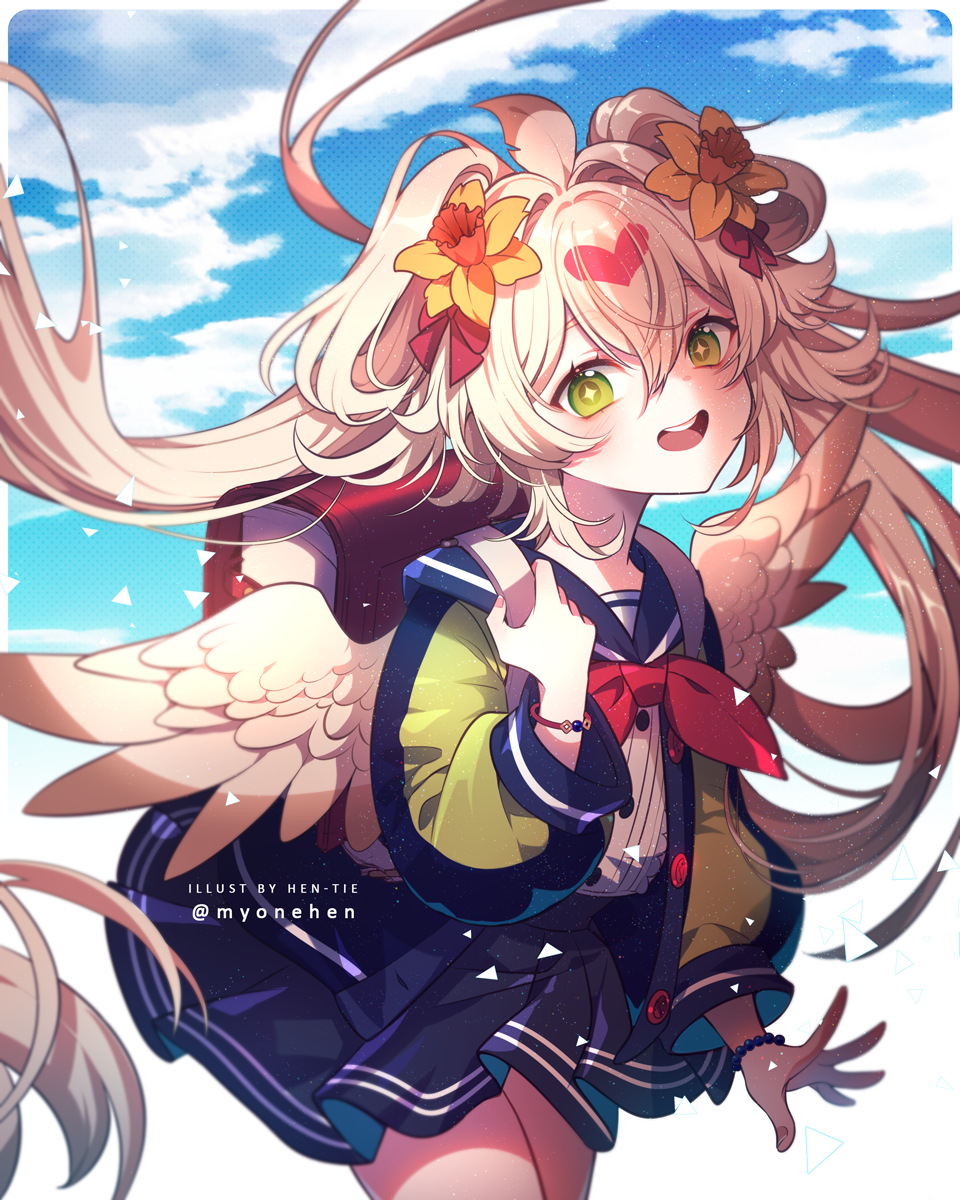 1girl, backpack, bag, bird_wings, blonde_hair, blue_jacket, blue_sailor_collar, blue_skirt, blue_sky, bow, bracelet, brown_wings, buttons, chiruha, cloud, collared_shirt, commentary, daffodil, draw_this_in_your_style_challenge, english_commentary, english_text, eyelashes, feather_hair_ornament, feathered_wings, feathers, fingernails, flower, green_eyes, hair_bow, hair_flower, hair_ornament, hair_rings, heart, hen-tie, highres, holding, holding_bag, jacket, jewelry, light_blush, long_hair, long_sleeves, looking_at_viewer, miniskirt, neckerchief, open_clothes, open_jacket, open_mouth, original, pleated_skirt, puffy_long_sleeves, puffy_sleeves, red_bag, red_bow, red_neckerchief, sailor_collar, school_uniform, shirt, skirt, sky, smile, solo, sparkling_eyes, striped_clothes, striped_shirt, teeth, twintails, twitter_username, two-tone_background, upper_teeth_only, vertical-striped_clothes, vertical-striped_shirt, watermark, white_background, white_shirt, wings, yellow_flower