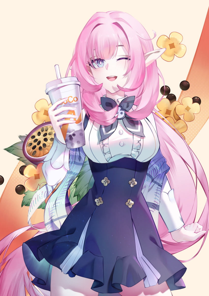 1girl, ;d, absurdres, black_skirt, blue_eyes, breasts, brown_background, bubble_tea