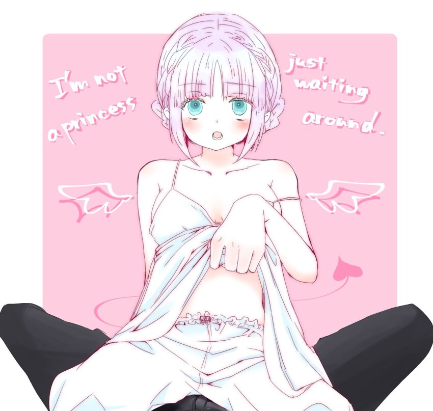 1boy, 1girl, blue_eyes, blush, braid, breasts, camisole, denim