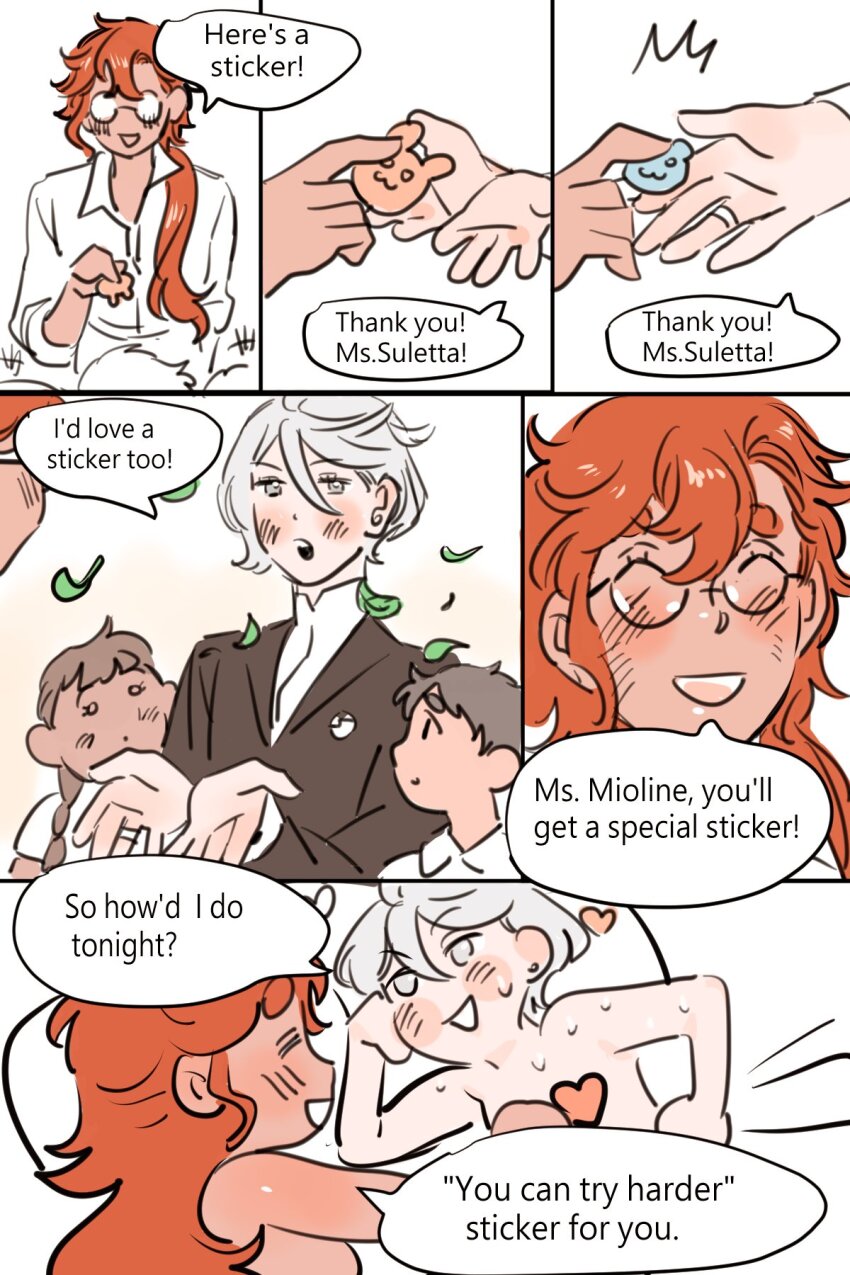 2girls, aftersex, bed, blush, english_text, glasses, grey_eyes, gundam, gundam_suisei_no_majo, heart, highres, jewelry, milfcookiesimp, miorine_rembran, multiple_girls, nude, pillow_talk, red_hair, ring, sequential, smile, speech_bubble, stickers, suletta_mercury, sweat, wedding_ring, white_hair, wife_and_wife, yuri