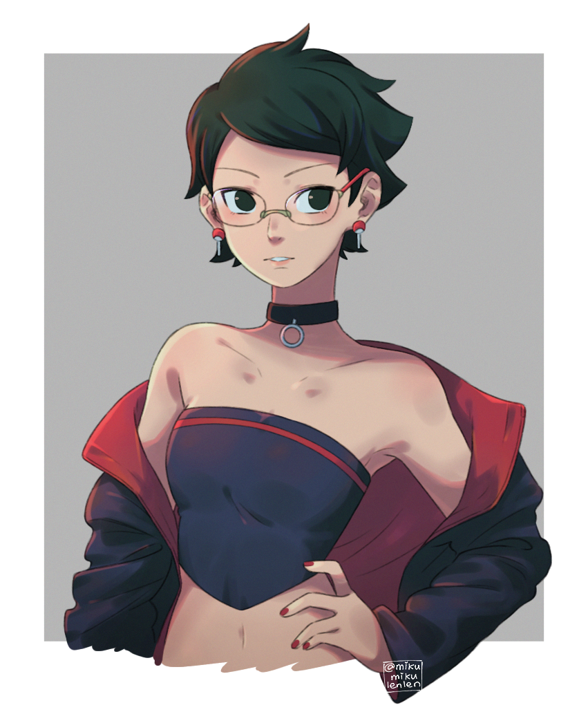 1girl, ariamikukanzaki, black_choker, black_eyes, black_hair, black_jacket, boruto:_naruto_next_generations, boruto:_two_blue_vortex, choker, earrings, glasses, jacket, jewelry, midriff, nail_polish, naruto_(series), navel, red_nails, shirt, short_hair, solo, strapless, strapless_shirt, uchiha_sarada, uchiha_symbol