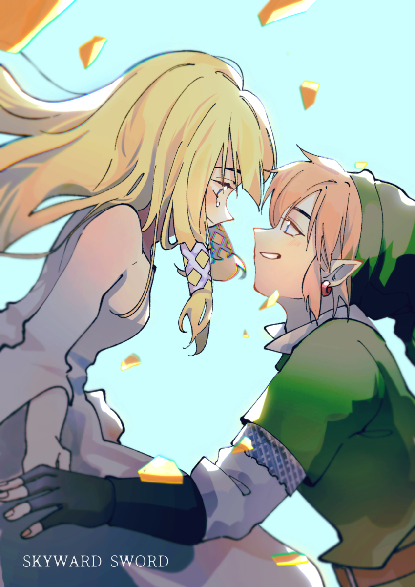 1boy, 1girl, belt, belt_buckle, black_gloves, blonde_hair, blue_background, blue_eyes, blunt_bangs, brown_belt, buckle, collared_shirt, commentary_request, copyright_name, dress, ear_piercing, eyelashes, fingerless_gloves, fingernails, from_side, gloves, green_headwear, green_tunic, hetero, highres, layered_sleeves, leaftin, light_blush, link, long_dress, long_hair, long_sleeves, looking_at_another, nintendo, open_mouth, piercing, pointy_ears, princess_zelda, shards, shirt, short_hair, short_over_long_sleeves, short_sleeves, sidelocks, three-quarter_sleeves, smile, tearing_up, teeth, the_legend_of_zelda, the_legend_of_zelda:_skyward_sword, tunic, upper_body, white_dress, white_shirt, wide_sleeves