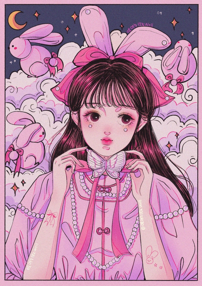 1girl, adjusting_bowtie, ai_yo_wei_well, animal_ears, arm_tattoo, artist_name, border, bow, bow_button, bow_tattoo, bowtie, brooch, brown_eyes, brown_hair, butterfly_brooch, china_dress, chinese_clothes, chinese_commentary, chinese_zodiac, closed_mouth, cloud, commentary_request, crescent_moon, diamond_on_cheek, dress, eyelashes, floppy_ears, gem, hair_bow, highres, jewelry, light_blush, lipstick, long_hair, makeup, mascara, moon, night, original, pearl_(gemstone), pink_border, pink_bow, pink_bowtie, pink_dress, pink_lips, pink_trim, puffy_short_sleeves, puffy_sleeves, rabbit, rabbit_ears, rabbit_tattoo, short_sleeves, sky, solo, sparkle, star_(sky), straight_hair, tail, tail_bow, tail_ornament, tattoo, upper_body, year_of_the_rabbit