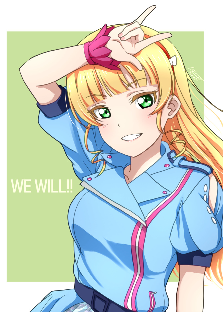 1girl, absurdres, arm_up, blonde_hair, blue_jacket, blunt_bangs, breasts, green_eyes