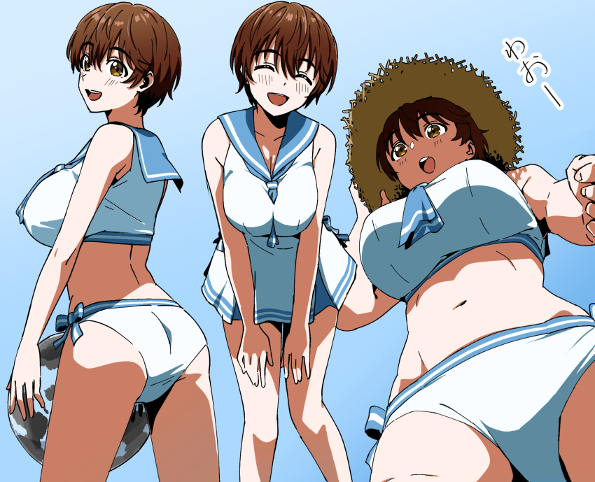 3girls, ass, ball, beachball, bikini, blue_neckerchief, blue_sailor_collar, blush