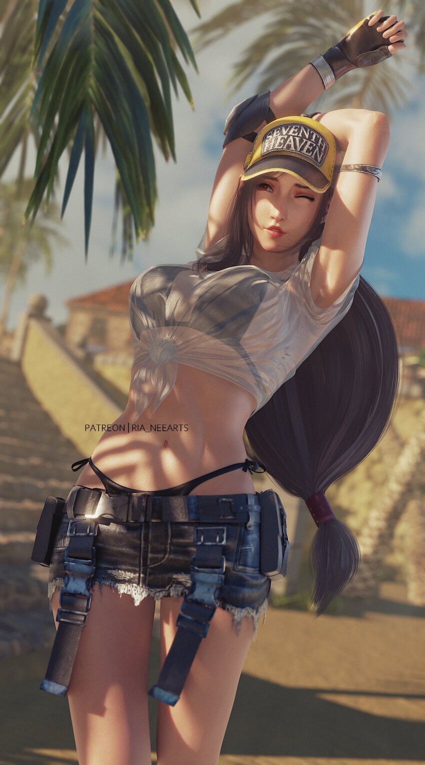 1girl, 3d, armpits, arms_up, artist_name, baseball_cap, beach, belt, bikini, bikini_under_clothes, black_bikini, blue_sky, blurry, blurry_background, breasts, building, cloud, cloudy_sky, costa_del_sol, cowboy_shot, denim, denim_skirt, elbow_pads, final_fantasy, final_fantasy_vii, final_fantasy_vii:_ever_crisis, fingerless_gloves, frayed_skirt, gloves, grey_skirt, hat, highleg, highleg_bikini, highres, large_breasts, lips, long_hair, low-tied_long_hair, midriff, miniskirt, navel, official_alternate_costume, one_eye_closed, outdoors, palm_tree, parted_lips, red_eyes, ria-neearts, sand, see-through_clothes, see-through_shirt, shirt, short_sleeves, side-tie_bikini_bottom, single_elbow_pad, single_sidelock, skirt, sky, solo, square_enix, stretching, swimsuit, tied_shirt, tifa_lockhart, tifa_lockhart_(lifeguard), tree, very_long_hair, wet, wet_clothes, wet_shirt, white_shirt