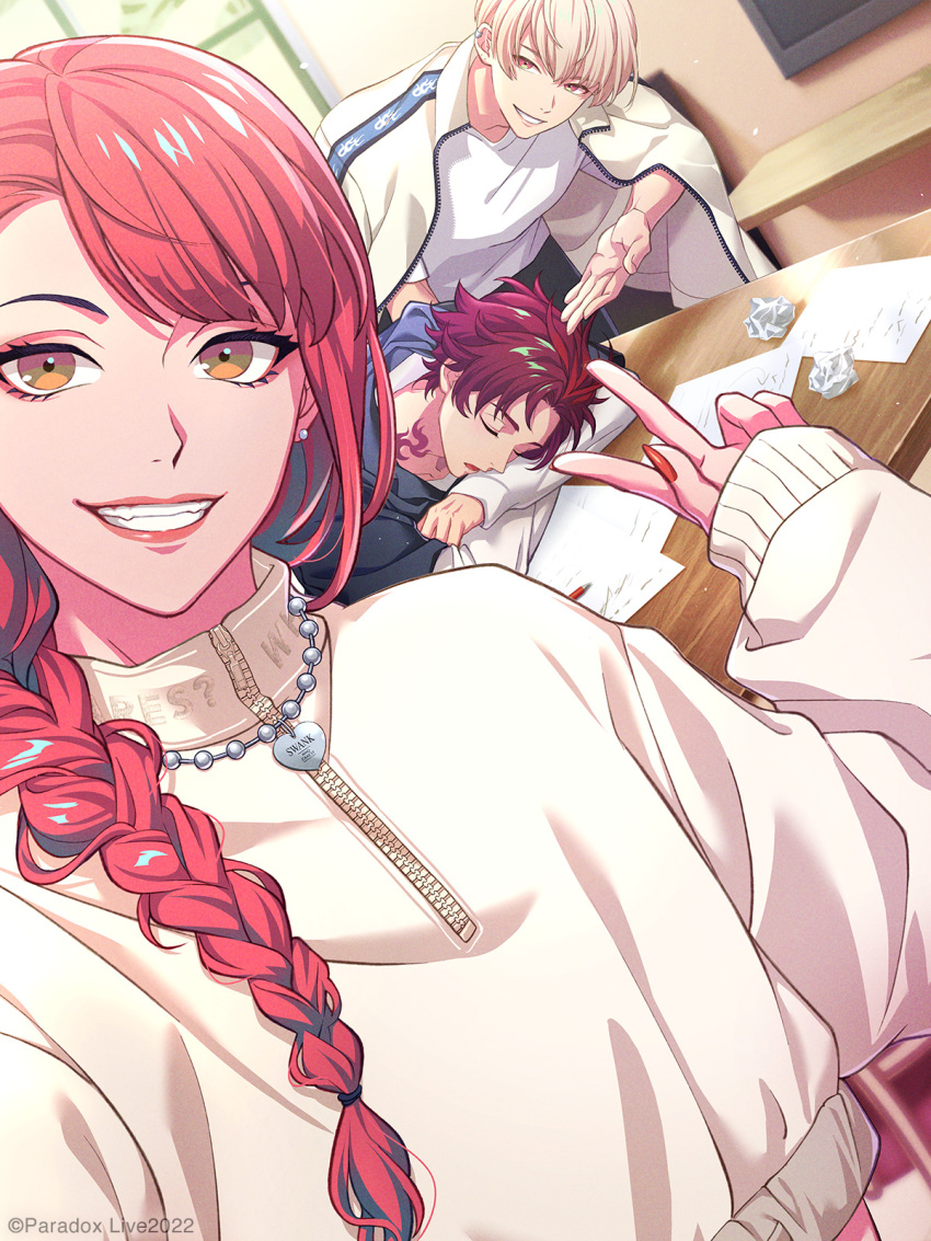 1other, 2boys, anne_faulkner, bae_(paradox_live), highres, long_hair, long_sleeves, looking_at_viewer, multiple_boys, official_alternate_costume, official_art, paradox_live, pink_hair, red_hair, red_lips, red_nails, sugasano_allen, v, yellow_eyes, yeon_hajun