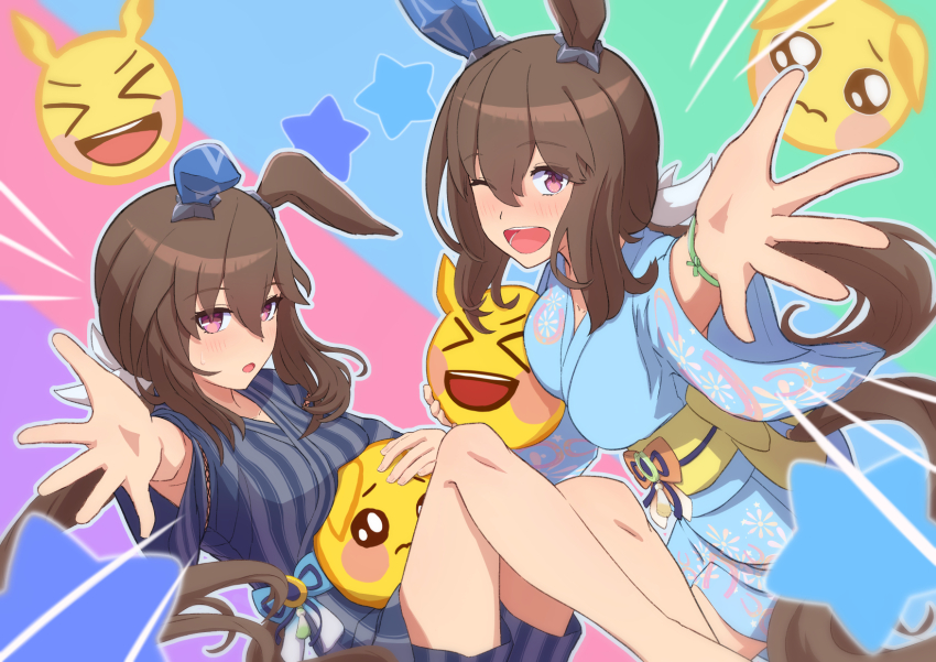 ;d, admire_vega's_twin_sister_(umamusume), admire_vega_(umamusume), agepan._(pangcha3324), animal_ears, blue_kimono, blush, brown_hair