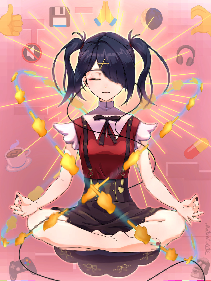 1girl, absurdres, ame-chan_(needy_girl_overdose), artist_name, barefoot, black_hair, black_nails, black_ribbon