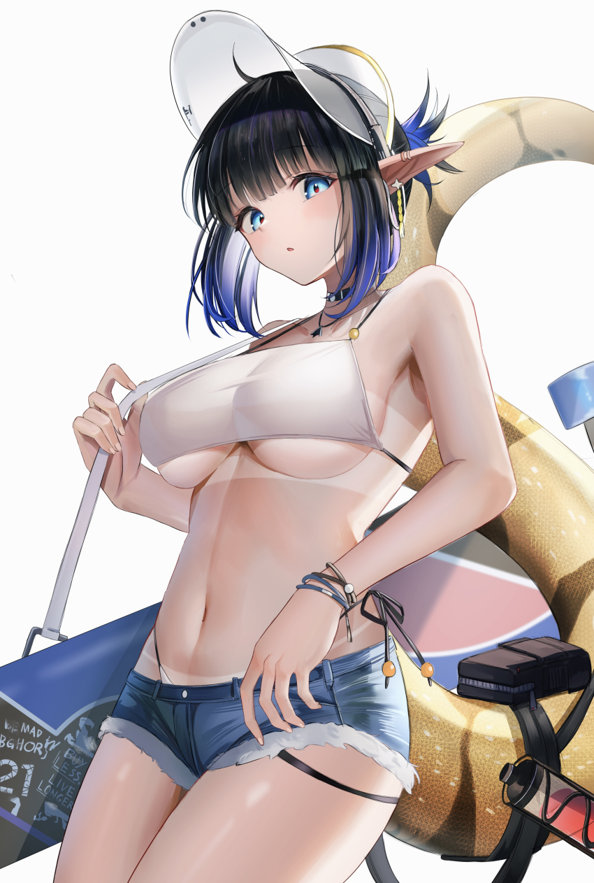 1girl, absurdres, arknights, bag, bikini, bikini_tan, black_hair, blue_eyes