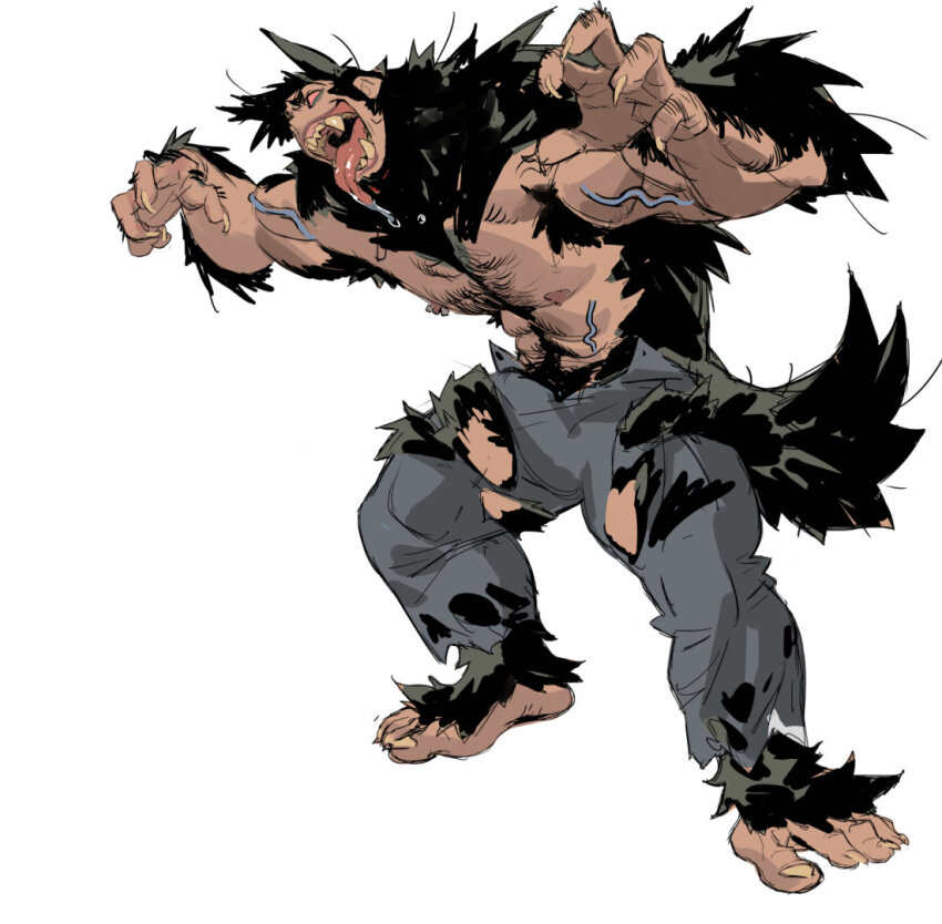 1boy, abs, animal_ears, arm_hair, bara, blank_eyes, body_fur, bulge