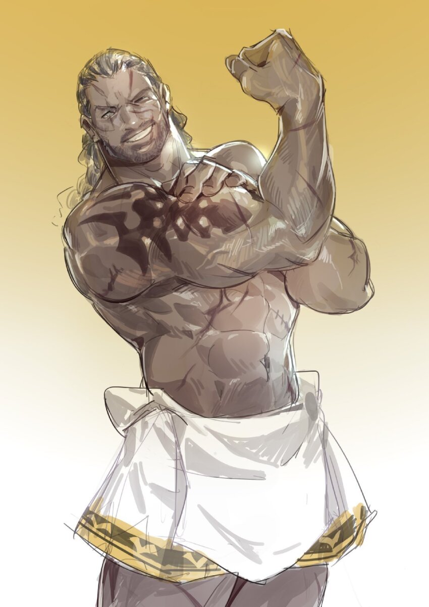 1boy, abs, arm_tattoo, bara, beard_stubble, biceps, chinese_commentary, come_hither