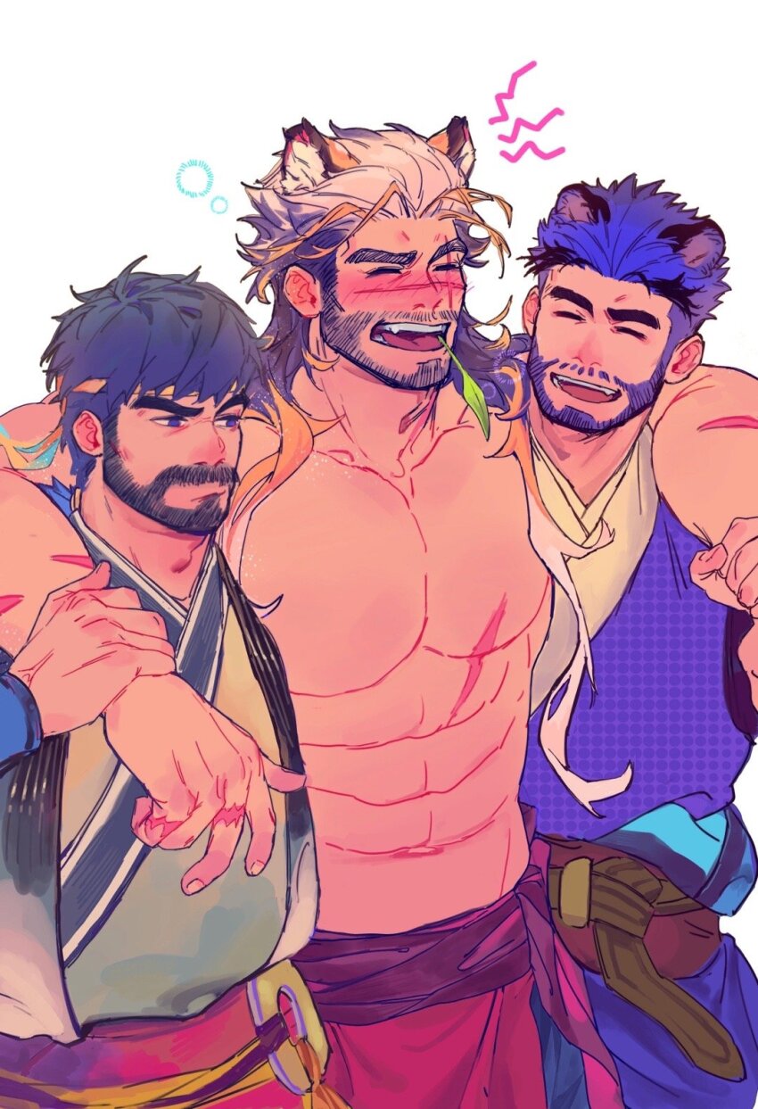 3boys, :d, abs, animal_ears, arm_around_shoulder, bara, beard, cat_boy, drunk, drunk_tiger_(kuro), facial_hair, frown, hair_slicked_back, happy, highres, kuro_(kuroshima_kurishiro), kuroshima_kurishiro_(muyi24108414), large_pectorals, long_hair, looking_at_pectorals, male_focus, mature_male, multicolored_hair, multiple_boys, muscular, muscular_male, mustache_stubble, navel, no_nipples, open_mouth, original, pectorals, scar, scar_on_chest, short_hair, squeans, smile, stomach, strongman_waist, stubble, thick_eyebrows, tiger_boy, tiger_ears, topless_male, two-tone_hair, undercut, white_hair