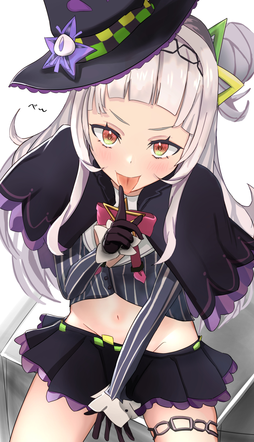 1girl, arched_bangs, black_capelet, black_gloves, black_headwear, black_shirt, black_skirt, bow, bowtie, capelet, cropped_shirt, gloves, grey_hair, hair_bun, hair_ornament, hairband, hat, hat_ornament, highres, hololive, jewelry, long_hair, midriff, miniskirt, murasaki_shion, murasaki_shion_(1st_costume), navel, nekomaruta, pink_bow, pink_bowtie, pinstripe_pattern, pinstripe_shirt, red_eyes, shirt, skirt, solo, star_(symbol), star_hat_ornament, striped_clothes, striped_shirt, thighlet, tilted_headwear, tongue, tongue_out, triangle_hair_ornament, two-tone_capelet, vertical-striped_clothes, vertical-striped_shirt, virtual_youtuber, witch_hat
