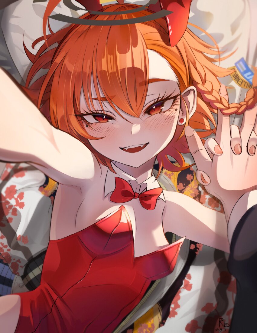 1girl, absurdres, animal_ears, blue_archive, blush, braid, breasts, fake_animal_ears, gangbyeon, hair_between_eyes, halo, head_tilt, highres, holding_hands, interlocked_fingers, jacket, leotard, lying, mole, mole_under_each_eye, mole_under_eye, multiple_moles, narrowed_eyes, neru_(blue_archive), neru_(bunny)_(blue_archive), official_alternate_costume, on_back, open_mouth, playboy_bunny, pov, pov_hands, rabbit_ears, red_eyes, red_hair, red_leotard, short_hair, small_breasts, smile, solo_focus, sukajan, tsurime, unworn_jacket