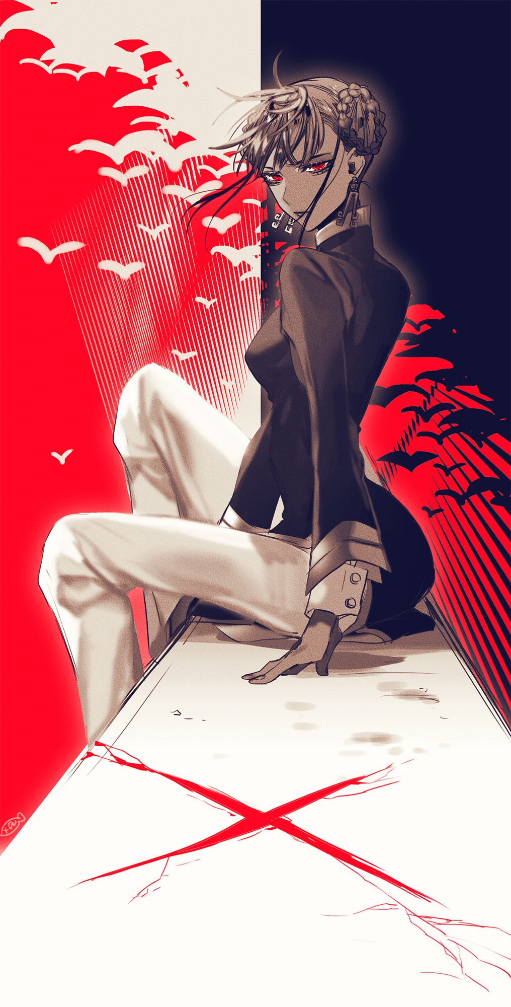 1girl, black_background, brown_hair, commentary_request, dark-skinned_female, dark_skin, earrings, eyelashes