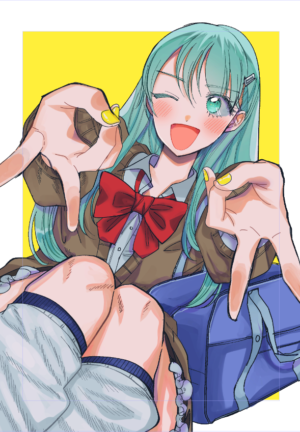 1girl, alternate_costume, aqua_hair, bag, bow, bowtie, brown_jacket, collared_shirt