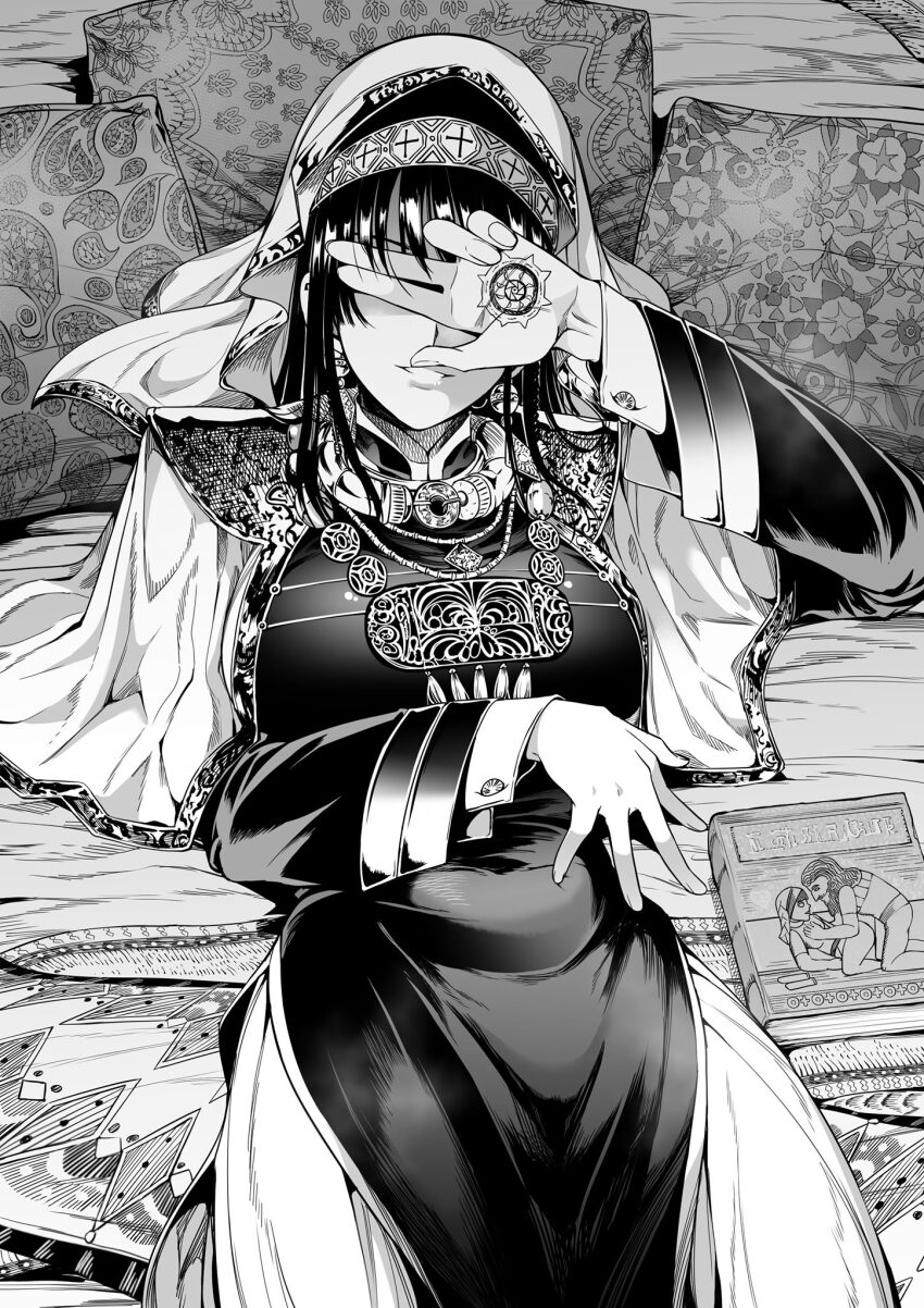 1girl, book, character_request, chicke_iii, commentary_request, covering_face, earrings, greyscale, hand_tattoo, happy, highres, jewelry, kafna_uniform, looking_at_viewer, lying, monochrome, on_back, pillow, smile, solo, tattoo, toshokan_no_daimajutsushi
